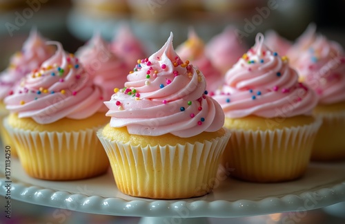 Colorful Cupcakes With Pink Frosting and Sprinkles on Display in a Bright Set...