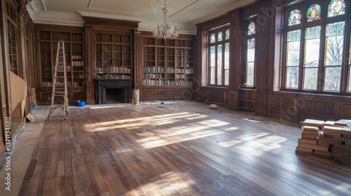 Sunlit wood floor  ornate library  renovation in progress.