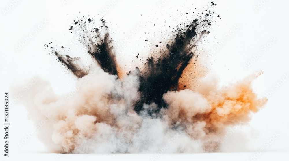 A dynamic explosion of colored dust creates an eye-catching display of yellows and blacks against a white backdrop. A dynamic explosion of colored dust creates an eye-catching display of yellows and blacks against a white backdrop.