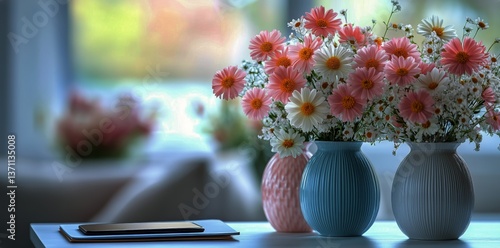Bright Ranunculus Blooms in Modern Vases on a Table in a Cozy Living Room Wit...