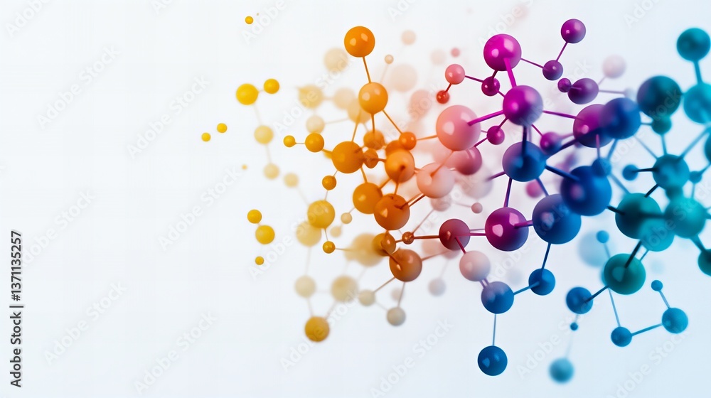 Abstract molecular structure with spheres and connecting lines appears on a white background, transitioning from yellow to orange, pink, and blue.