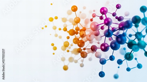 Obraz na płótnie Abstract molecular structure with spheres and connecting lines appears on a white background, transitioning from yellow to orange, pink, and blue. w salonie