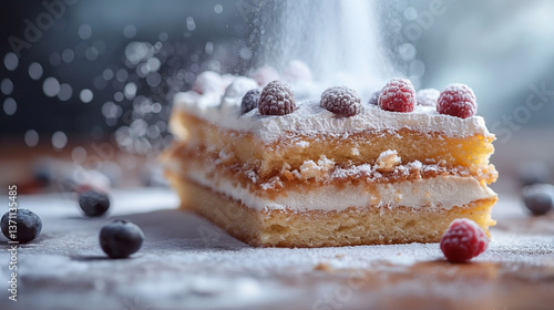 A delicious layered cake topped with fresh raspberries and blueberries, dusted with powdered sugar and set against a soft-focus background.