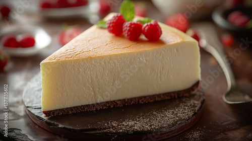 A delicious slice of cheesecake topped with fresh raspberries on a wooden board.