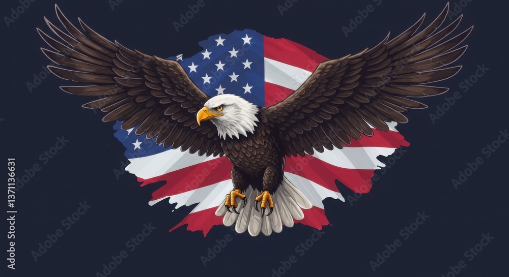 Obraz premium Eagle flying against American flag background