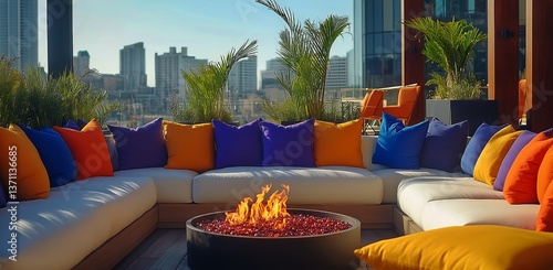 Cozy Rooftop Lounge With Vibrant Cushions and a Fire Pit Against a City Skyli...