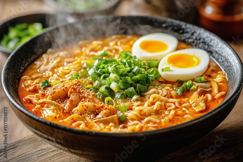 Delicious Ramen Bowl With Soft Boiled Eggs and Green Onions Served in a Warm ...