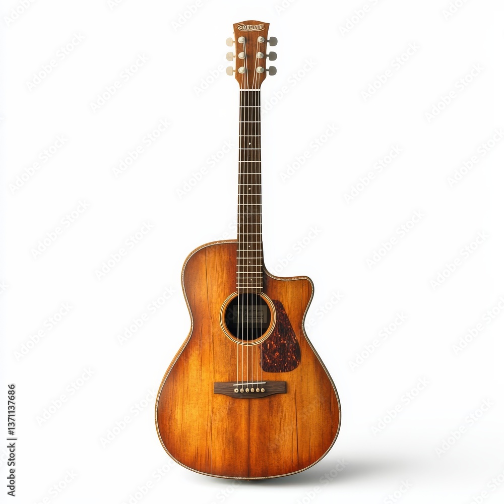 Obraz premium Acoustic Guitar Studio Shot: Close-up of a beautifully crafted acoustic guitar with a warm, rich wooden finish on a pristine white background.