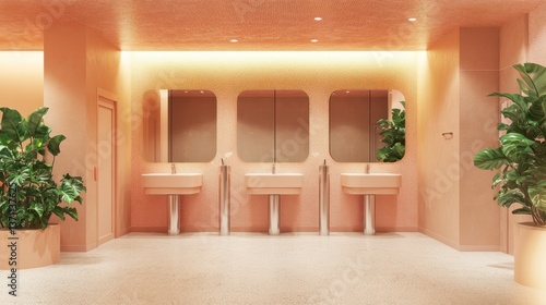 Peach-toned public restroom with sinks  mirrors  plants