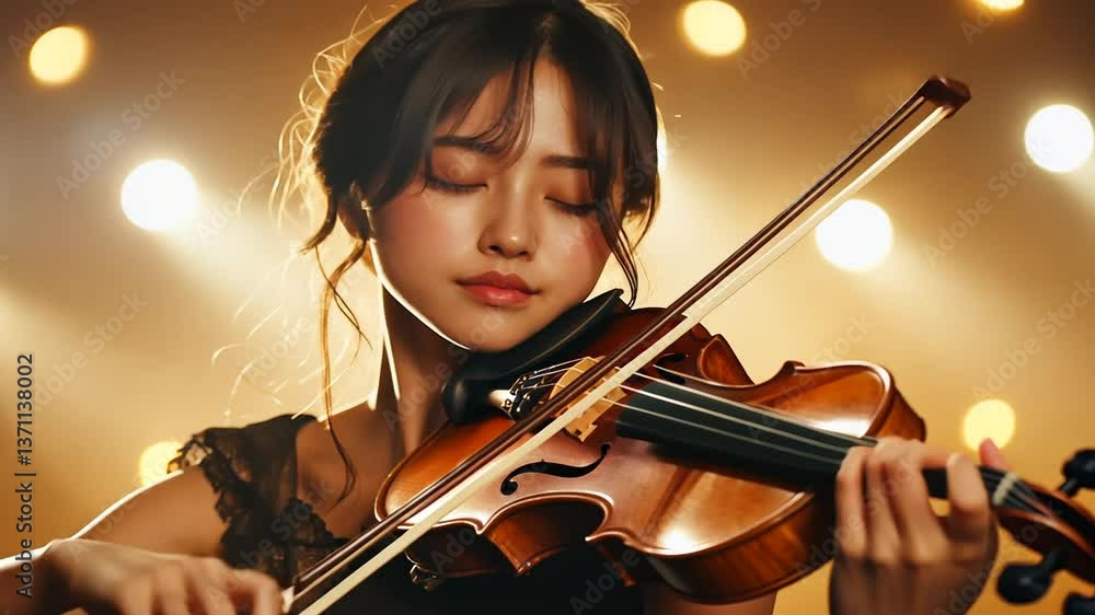 Woman Playing Violin on Stage with Warm Lighting