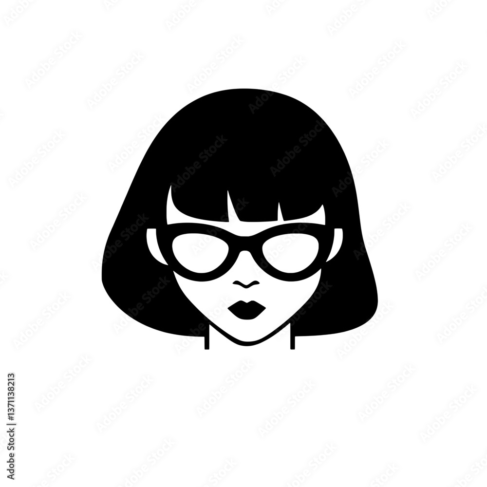 Modern minimalist logo featuring a stylized female face with glasses in black and white for branding purposes Modern minimalist logo featuring a stylized female face with glasses in black and white for branding purposes