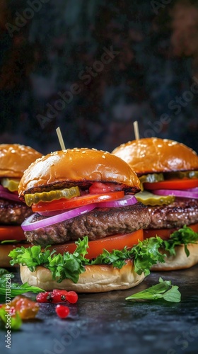 Delicious Gourmet Burgers With Fresh Ingredients on a Dark Surface During a C...