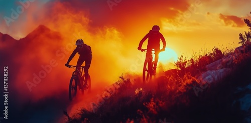 Bikers Navigating a Rocky Trail During Sunset in a Mountainous Landscape