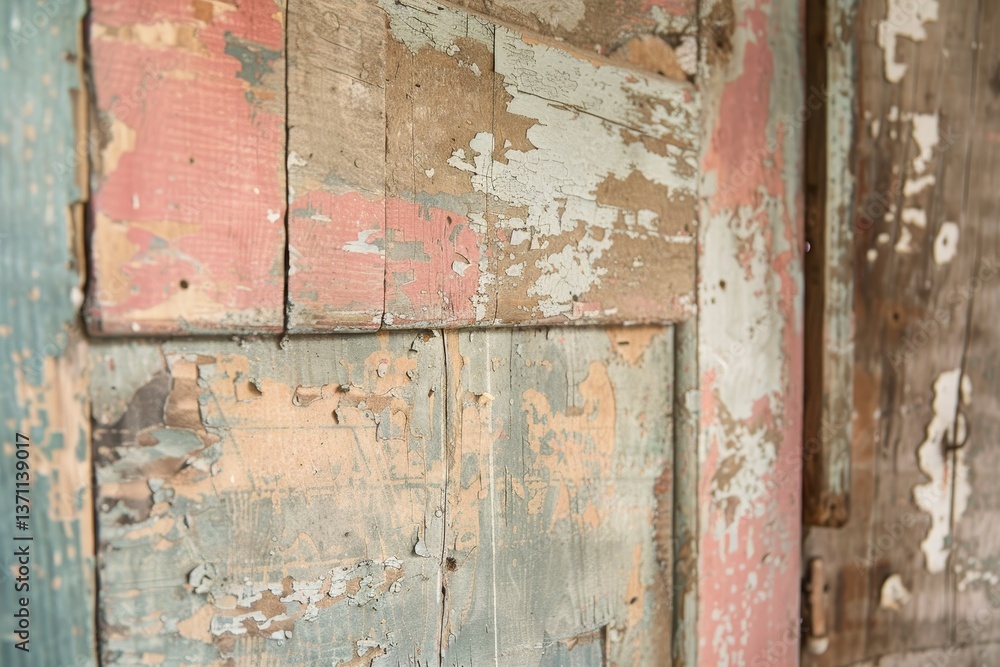 Naklejka premium A close-up of an old, weathered wooden door with faded paint and markings, showing the passage of time, Faded paint and markings hint at the wood's previous life and purpose