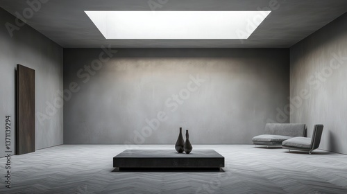 Minimalist grey room  modern furniture  skylight  herringbone floor  interior design