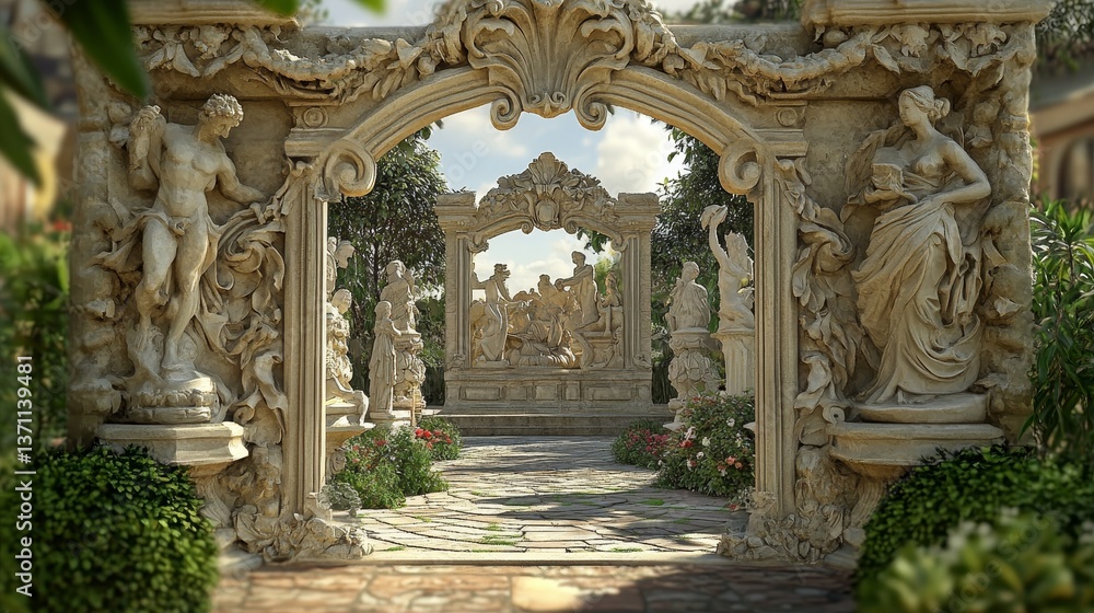 Obraz premium Ornate stone statues frame lush garden vista.