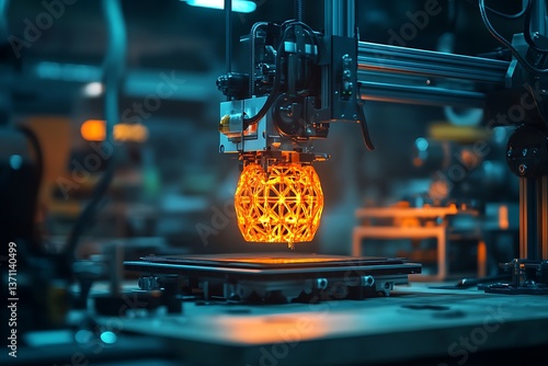An abstract depiction of a glowing 3D printer creating intricate designs in a dimly lit workshop