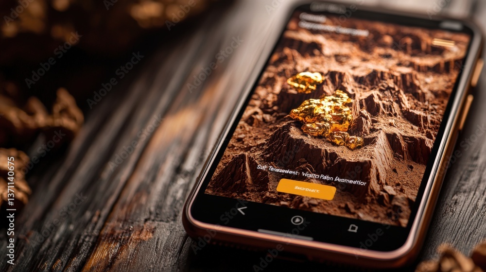 Digital exploration of gold discovery virtual environment mobile device modern technology close-up view innovation concept