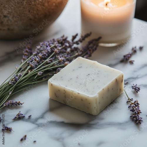 Beautifully arranged pieces of lavender soap on a marble surface, next to candles and dried lavender.