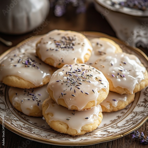 Delicate cookies with glaze, sprinkled with dried lavender, served on an elegant plate.