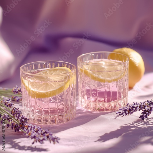 Glasses with lilac drink, decorated with lemon slices, lavender sprigs lie nearby.