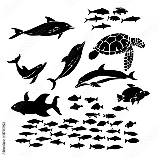 Marine Life Silhouette Set - Dolphin Turtle Fish