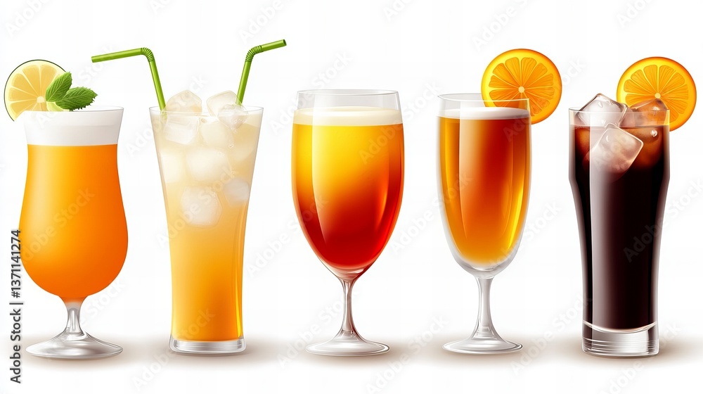 Assorted cocktails sit side by side with vibrant colors and garnishes against a bright white background. Assorted cocktails sit side by side with vibrant colors and garnishes against a bright white background.