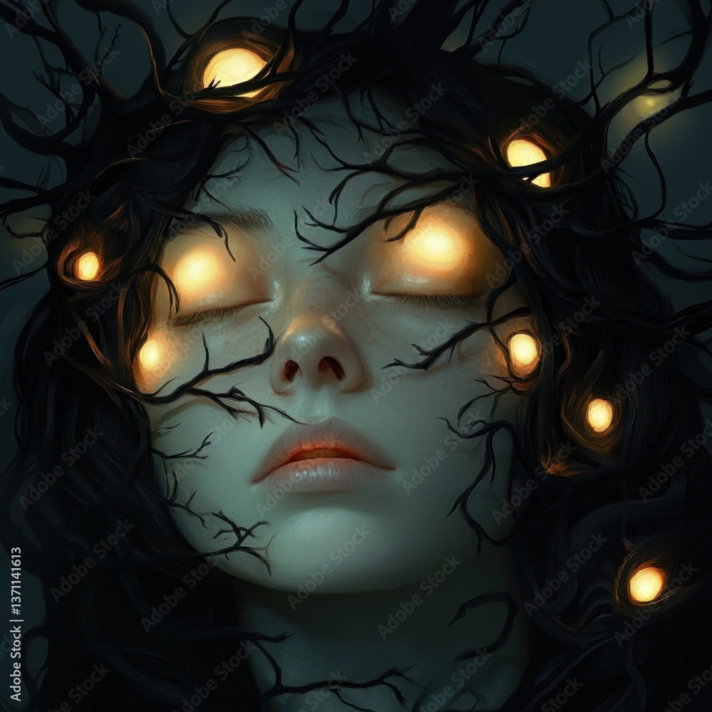 Fototapeta premium Illuminated Dreams A Mystical Portrait with Glowing Lights and Twisting Branches