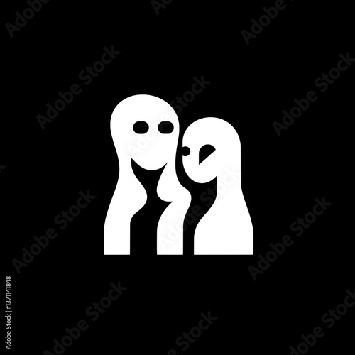 Minimalist negative space logo featuring two stylized figures symbolizing connection and identity in black and white design