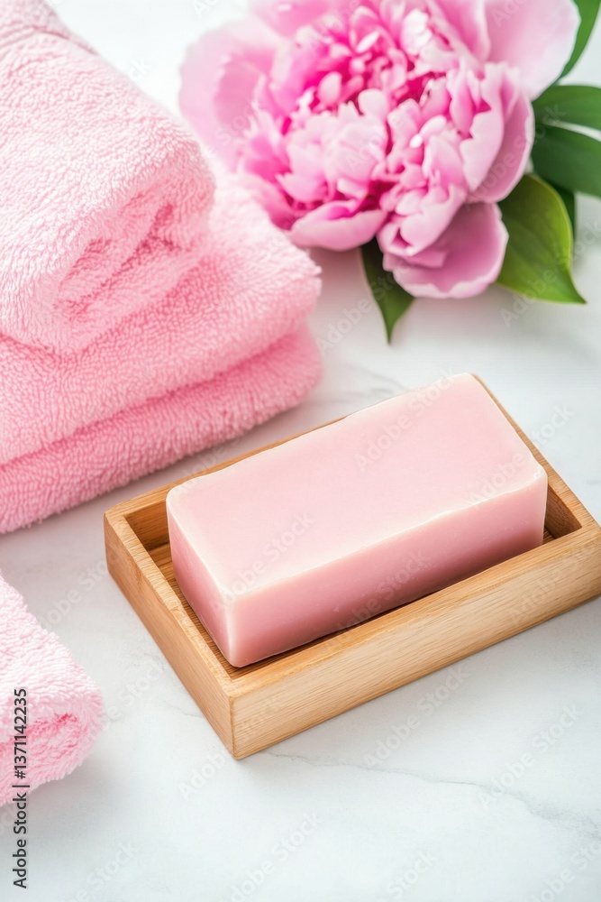Relaxing spa flatlay featuring peony pink soap and soft towels on a neutral background for wellness and self-care moments Relaxing spa flatlay featuring peony pink soap and soft towels on a neutral background for wellness and self-care moments