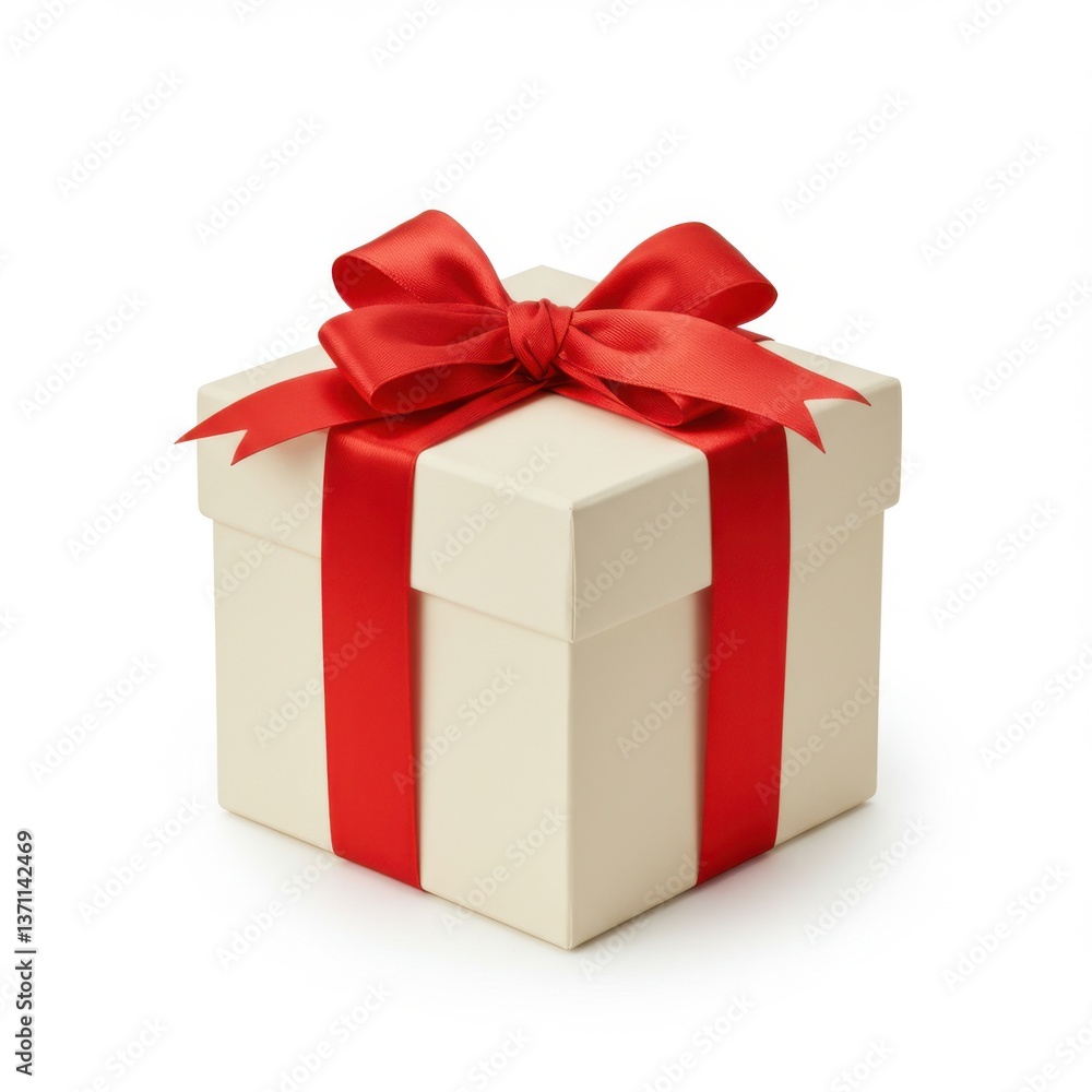 Elegant cream-colored gift box with bright red ribbon and satin bow festive holiday present Elegant cream-colored gift box with bright red ribbon and satin bow festive holiday present