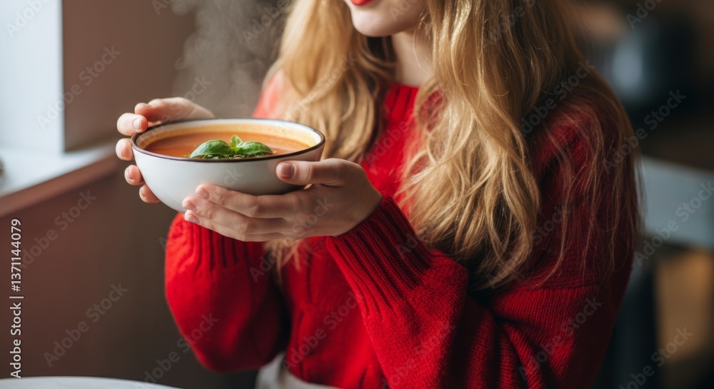 Fototapeta premium Young caucasian female enjoying warm soup in cozy indoor setting