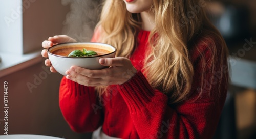 Young caucasian female enjoying warm soup in cozy indoor setting