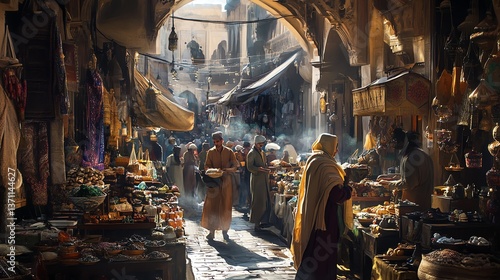 A bustling marketplace scene in an ancient Middle Eastern city.