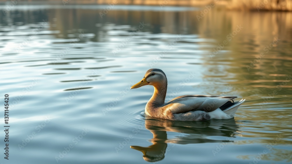 Duck swimming peacefully in serene pond during golden hour near quiet nature reserve Duck swimming peacefully in serene pond during golden hour near quiet nature reserve