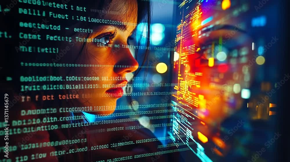 Woman Studying Code on Glowing Screen at Night Woman Studying Code on Glowing Screen at Night