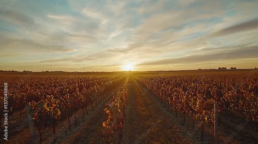 Naklejka premium Golden sunset over a vineyard. Autumnal colors paint the rows of grape vines stretching towards a radiant setting sun