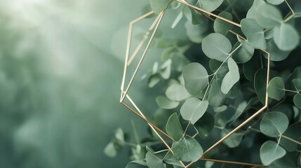 Eucalyptus leaves in a geometric frame. A geometric frame with a golden bouquet. Watercolor of eucalyptus leaves in the green. Eucalyptus foliage within a geometric border lifestyle.