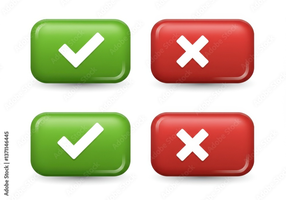 Green check mark and red cross icons with glossy finish and contrasting colors for decision-making on a clean background Green check mark and red cross icons with glossy finish and contrasting colors for decision-making on a clean background