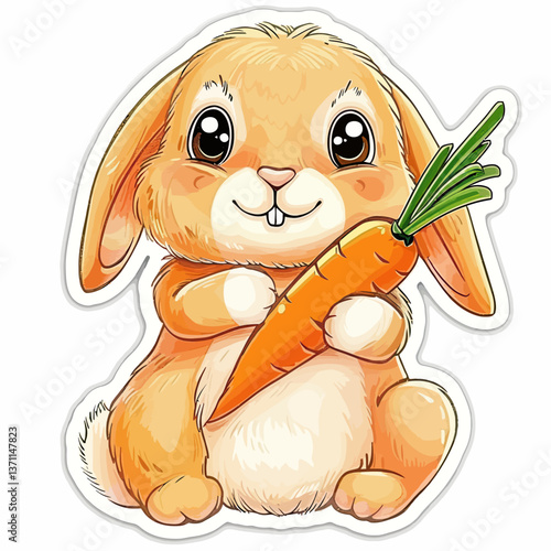A charming cartoon bunny with an adorable expression, happily holding a carrot