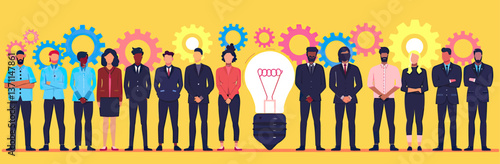 Many individuals surround a massive light bulb, illustrating concepts like research, internet, big data, and accessible knowledge. It highlights development, risk-taking, support, and problem-solving