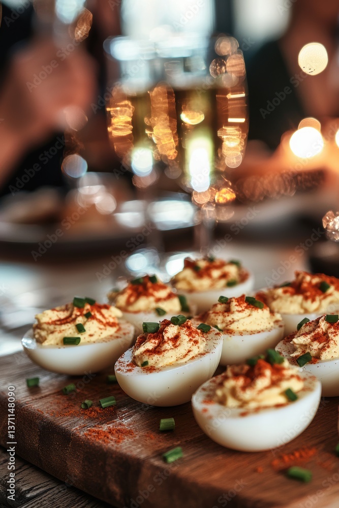 Rustic wooden serving board with crosspatterned deviled eggs at easter Rustic wooden serving board with crosspatterned deviled eggs at easter