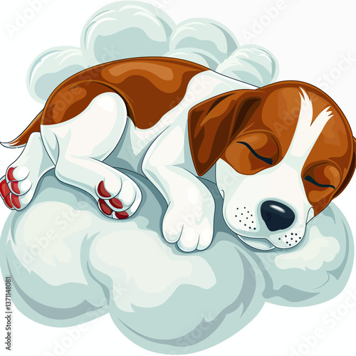 An adorable cartoon pup naps on a soft cloud, its lovable face filled with dreamy contentment