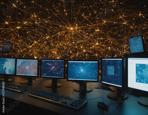 A scheme of many computers interconnected, a global network, connection points.