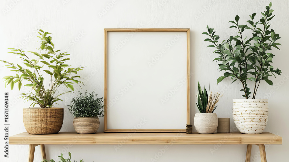 Scandinavian room interior with mock up photo frame on the brown bamboo shelf with beautiful plants in differents hipster and design pots. White walls. Modern and floral concept of shelfs. Scandinavian room interior with mock up photo frame on the brown bamboo shelf with beautiful plants in differents hipster and design pots. White walls. Modern and floral concept of shelfs.
