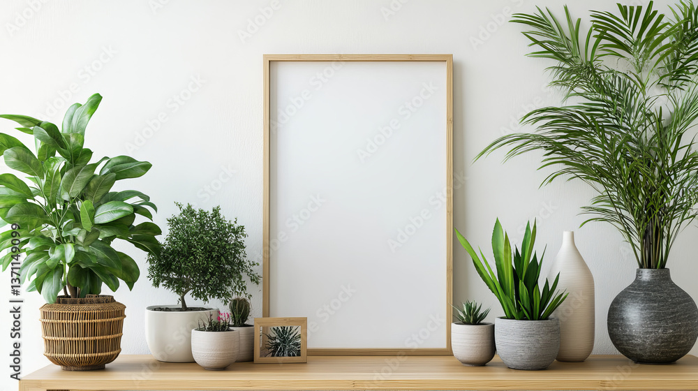 Scandinavian room interior with mock up photo frame on the brown bamboo shelf with beautiful plants in differents hipster and design pots. White walls. Modern and floral concept of shelfs. Scandinavian room interior with mock up photo frame on the brown bamboo shelf with beautiful plants in differents hipster and design pots. White walls. Modern and floral concept of shelfs.