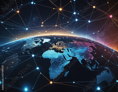 A scheme of many computers interconnected, a global network, connection points.