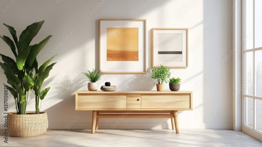 Stylish and modern scandinavian room with wooden console, mock up poster frame and beautiful plants. Design composition of home interior. Stylish and modern scandinavian room with wooden console, mock up poster frame and beautiful plants. Design composition of home interior.