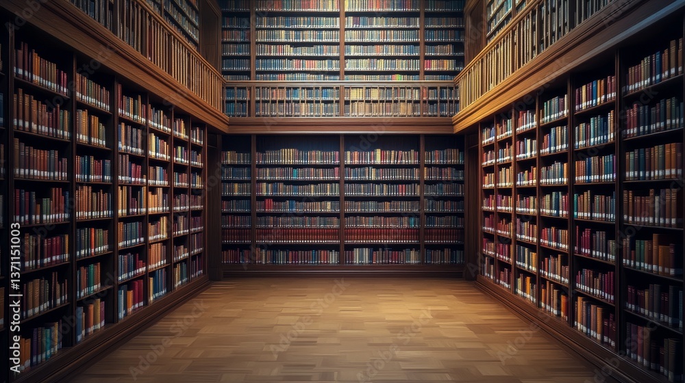 Grand library with towering shelves of books Grand library with towering shelves of books