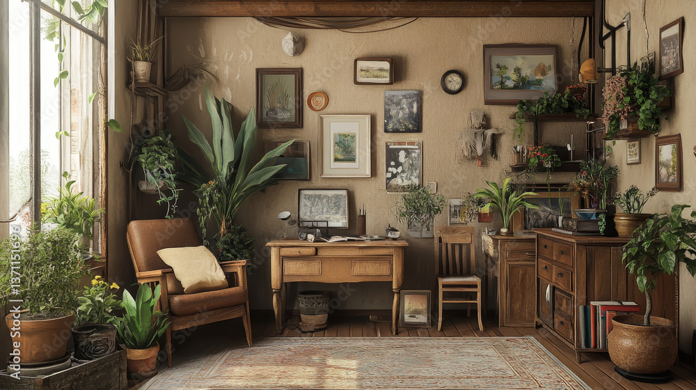 Retro interior design of art workshop room with wooden vintage bureau and chair, shelf plants, cacti, books, photos and elegant personal accessories. Stylish vintage home decor. Beige wall. Template. Retro interior design of art workshop room with wooden vintage bureau and chair, shelf plants, cacti, books, photos and elegant personal accessories. Stylish vintage home decor. Beige wall. Template.